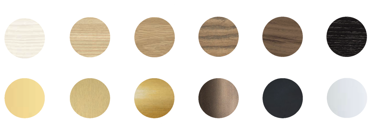A grid of circular material swatches showing different finish options, including white, light wood, medium wood, dark wood, black, yellow-gold, and metallic gold.