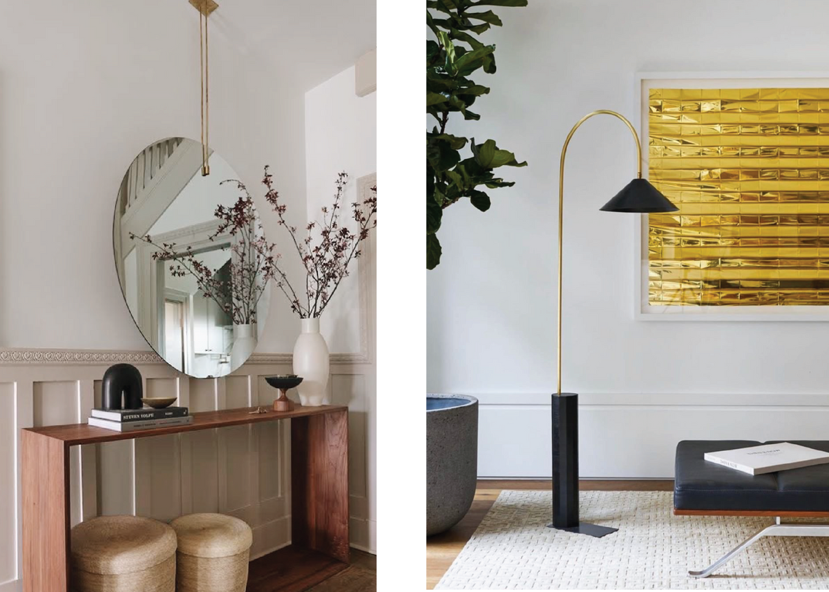 Left to right: Passage Mirror for HKB Interiors; Bishop Tall Floor Lamp for Julia Haney Montanez